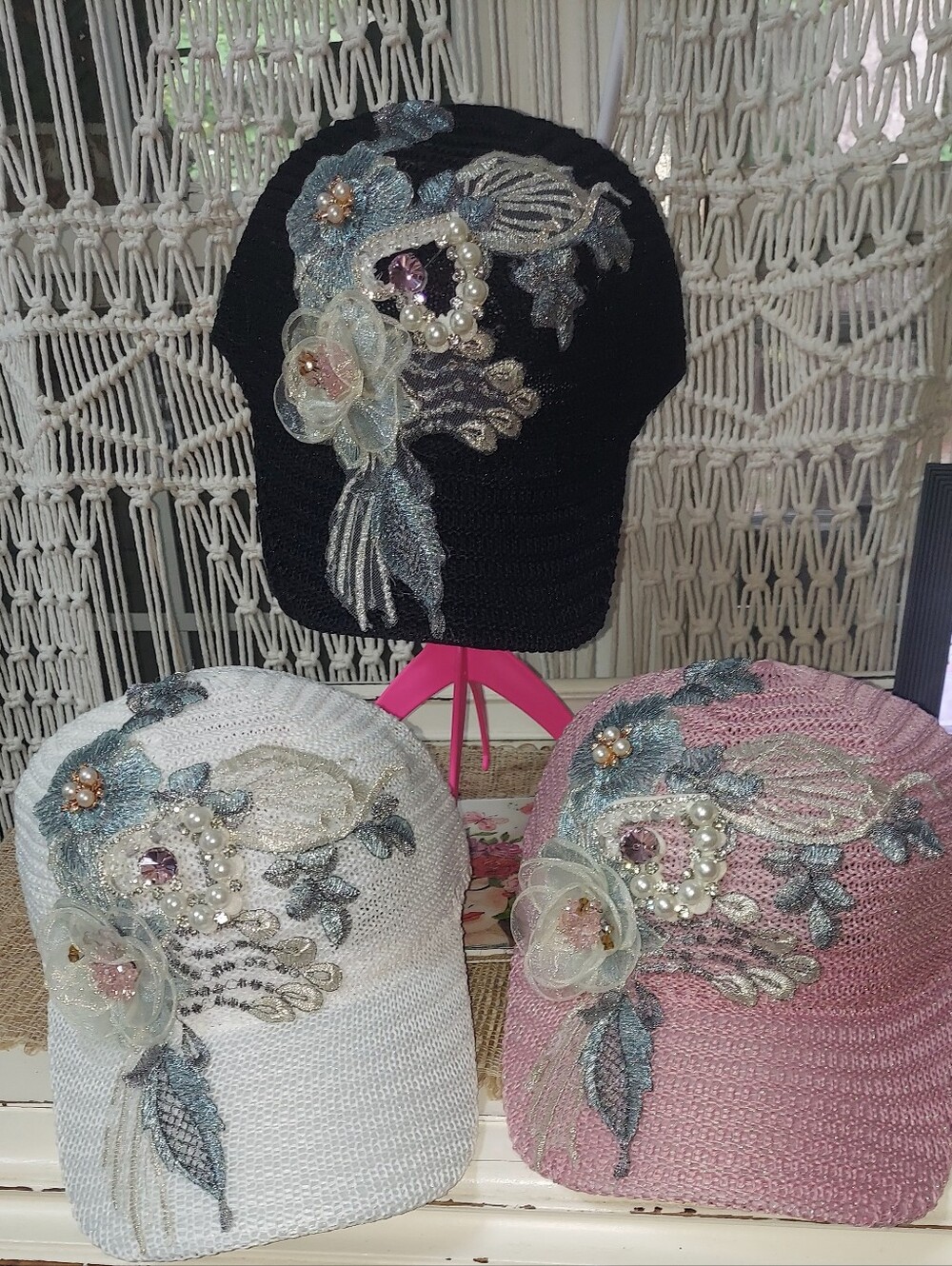 Embellished Floral Crochet Cap - Black, White, Pink NWT O/S - Picture 2 of 3
